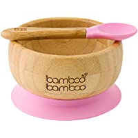 Set de Bowl adherente y cuchara para bebé en combinación- Bowl que no se despega de la mesa al comer- Bambú natural…